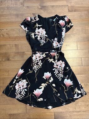 Vintage le Château Floral Wrap-Style Black Dress with Pink Blossom Print